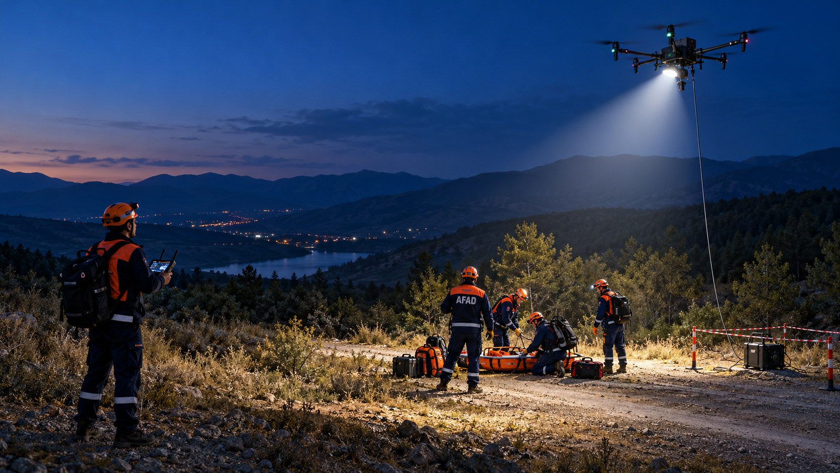 Drone destekli gece aydınlatması kullanım senaryosu; yapay zekâ ile oluşturulmuş temsili görsel.