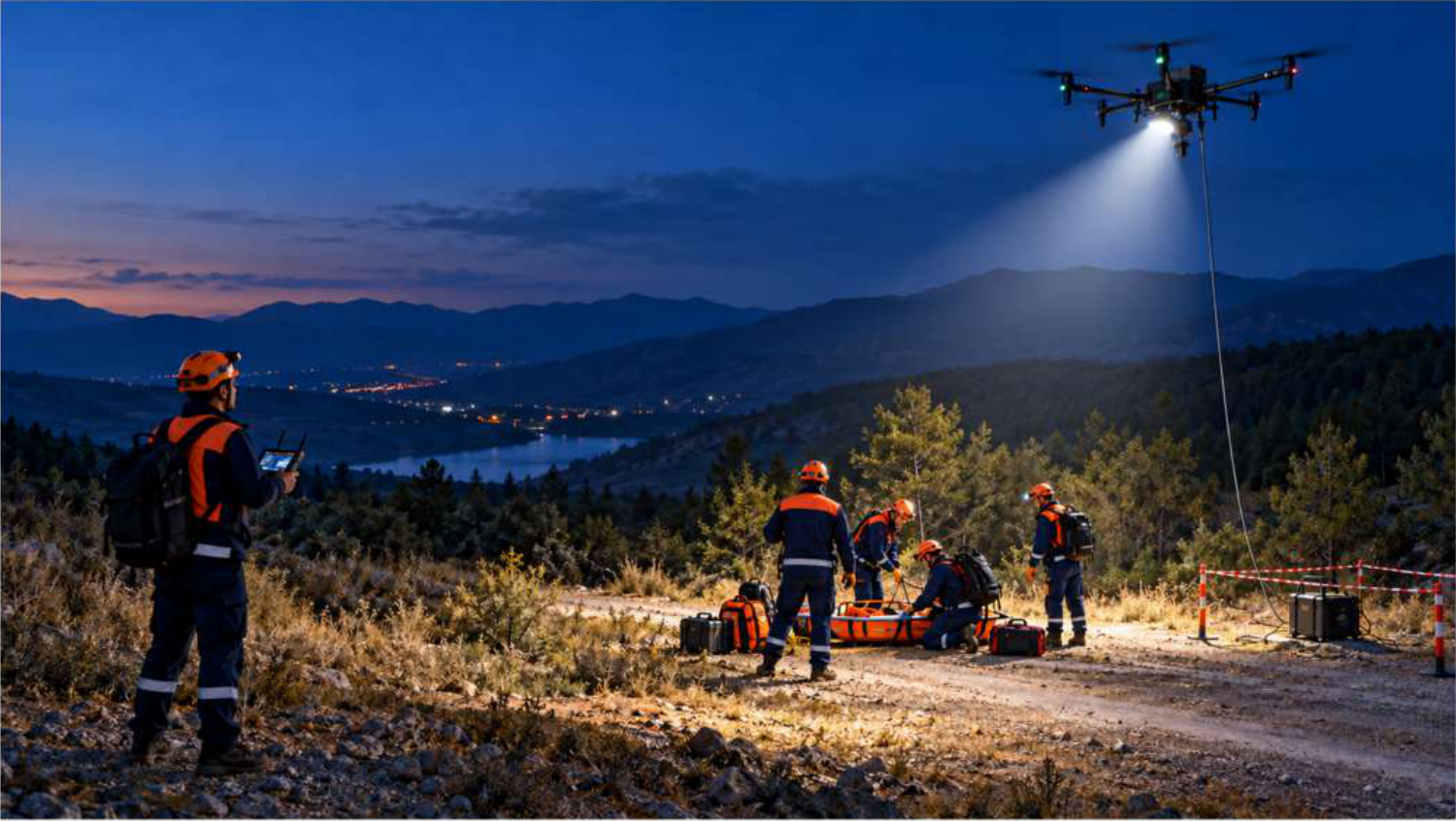 Drone destekli gece aydınlatmasını gösteren yapay zeka ile oluşturulmuş temsili arama kurtarma görseli